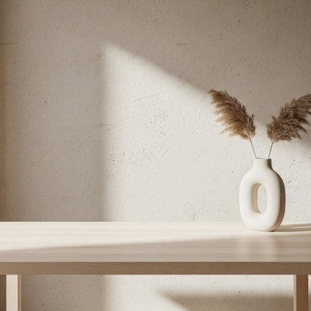 Wooden shelf with vase and dried pampas grass.の素材
