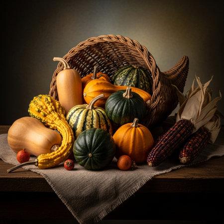 Autumn still life with pumpkins and corn on a wooden tableの素材