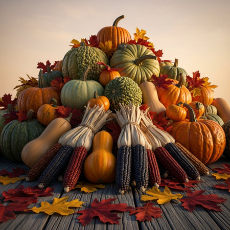 Autumn still life with pumpkins, leaves and corn on wooden backgroundの素材