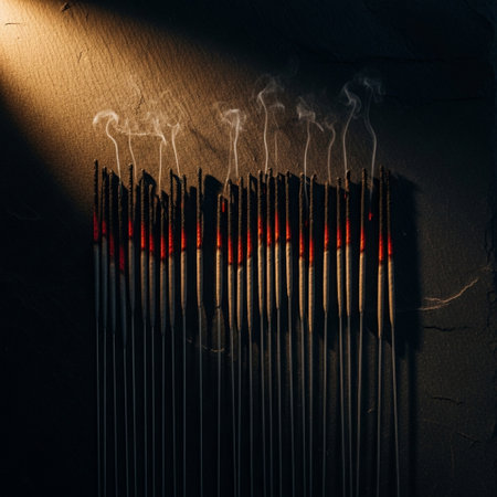 Incense sticks in a row on a dark background with smoke.の素材