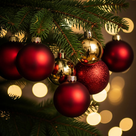 Christmas tree decoration with red and gold balls on bokeh backgroundの素材
