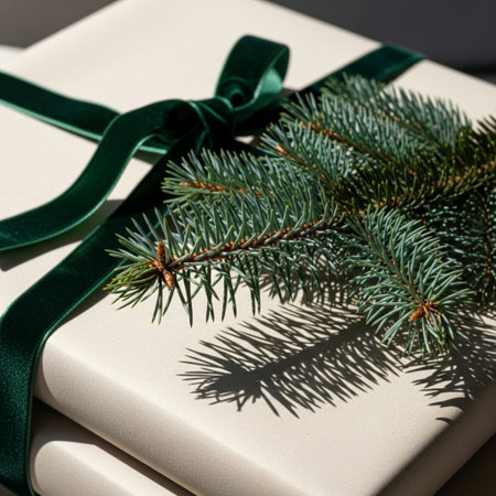 Gift box with green ribbon and spruce branch on white backgroundの素材