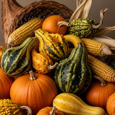 Autumn still life with pumpkins, corn and gourdsの素材