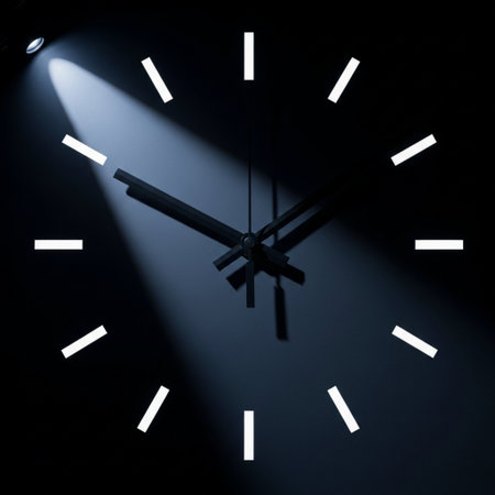 Clock face in dark room with lights and shadows. 3d renderの素材