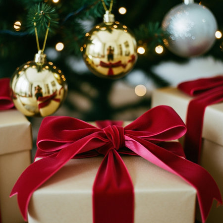 Christmas gift boxes with red ribbons under christmas tree, closeupの素材