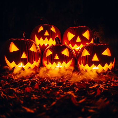 Halloween pumpkins with scary faces on black background. Halloween concept.の素材