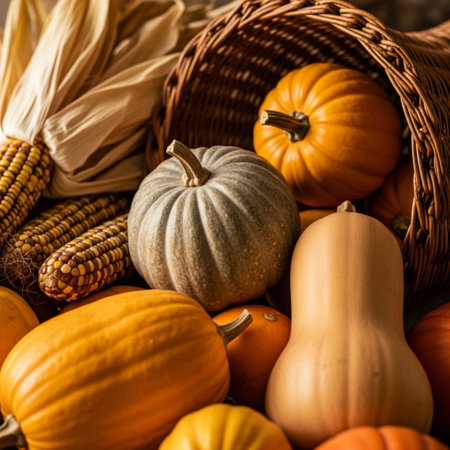 Autumn still life with pumpkins, corn and corn on wooden backgroundの素材