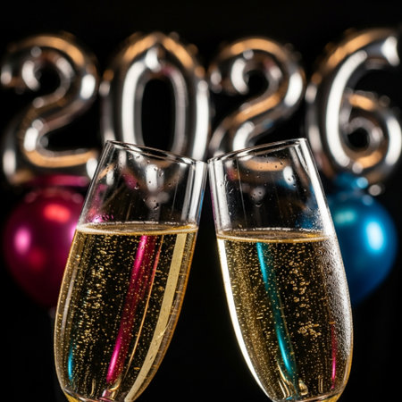 New Year's Eve celebration with champagne glasses and numbers 2020 on black backgroundの素材