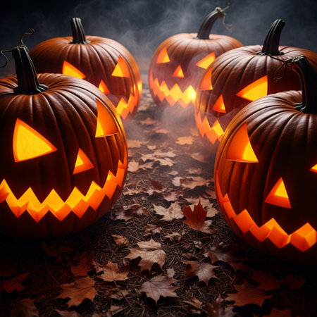 Halloween pumpkins with glowing eyes and scary faces on dark backgroundの素材