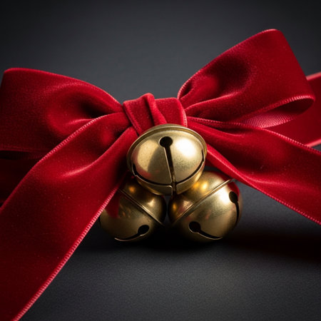 Christmas bells with red bow on black background. New Year concept.の素材