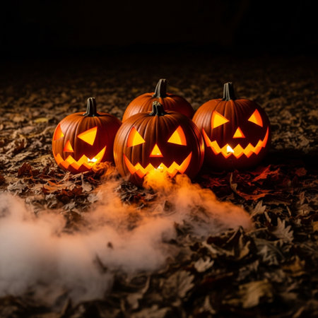 Halloween pumpkins with smoke on dark background. Halloween concept.の素材