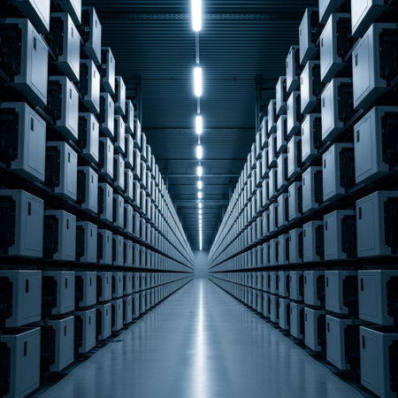 interior of a data center with lots of storage boxes in blue toneの素材