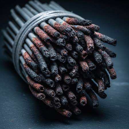 Close up of a bunch of incense sticks on black background.の素材
