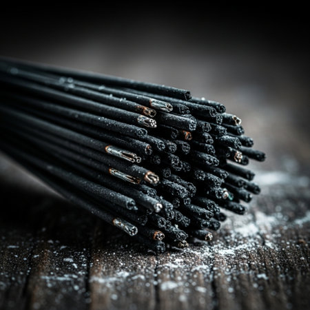 Black soba noodle on wooden table. Selective focus.の素材