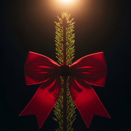 Christmas tree with red bow on black background. New Year concept.の素材