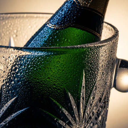 Bottle of champagne in ice bucket with water drops on light backgroundの素材