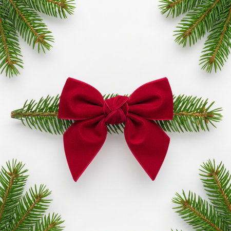 Red bow on fir tree branches isolated on white background, top viewの素材