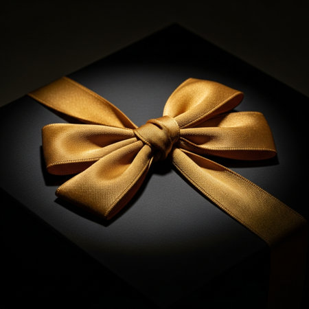 Gift box with gold bow on black background, closeup.の素材