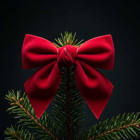 Christmas tree with red bow on dark background. New Year concept.の素材