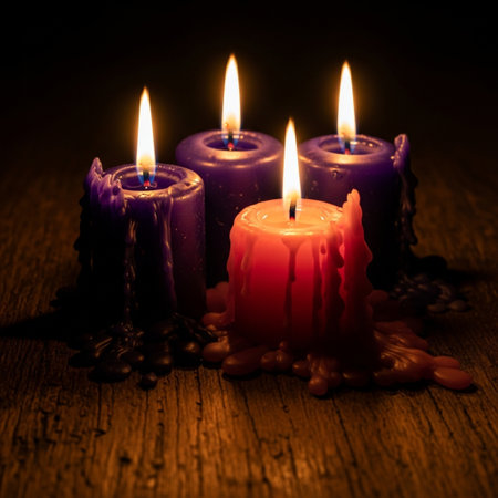 Candles with coffee beans on wooden background. Selective focus. Toned.の素材