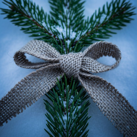 Christmas tree branch with knitted ribbon and snow. Toned.の素材