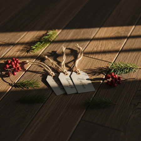 Christmas and New Year composition on the wooden background. Christmas tree branches, berries, gift tags.の素材