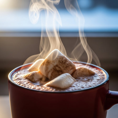 Hot chocolate with marshmallows in a red mug on the windowsillの素材