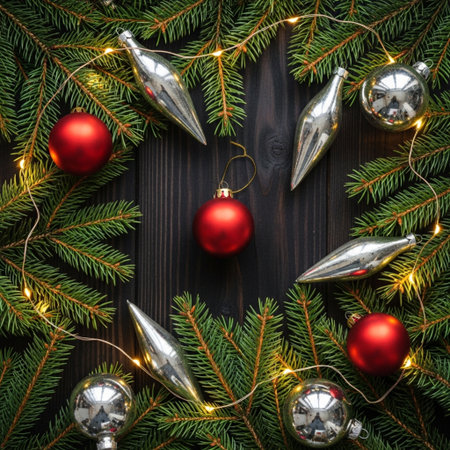 Christmas tree branches with baubles and lights on dark wooden backgroundの素材