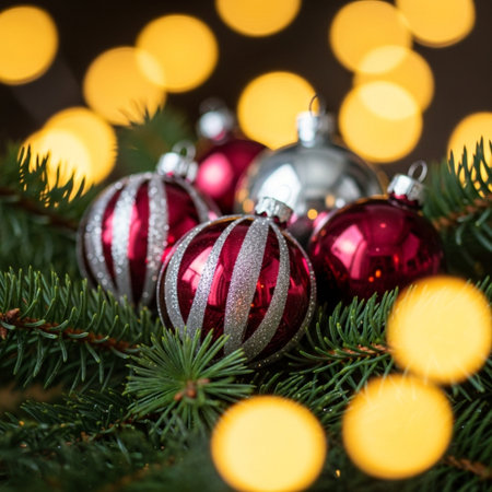 Christmas and New Year holidays background with decorations and bokeh lightsの素材