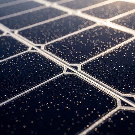 Solar panel with water droplets. Photovoltaic modules for renewable electric production.の素材