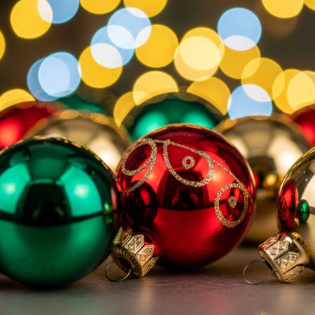 Colorful christmas ornaments on bokeh background.の素材
