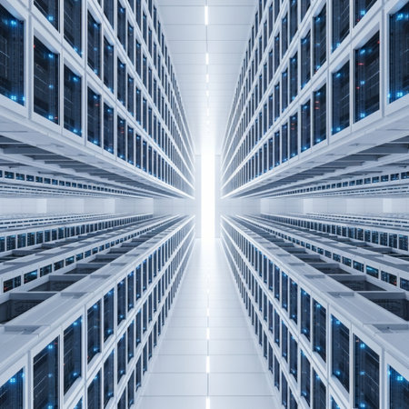 Server room data center. Backup, mining, hosting, mainframe, farm and computer rack with storage information. 3d renderの素材