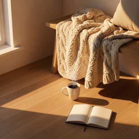 Cozy home interior with a cup of coffee, a book and a knitted sweater.の素材
