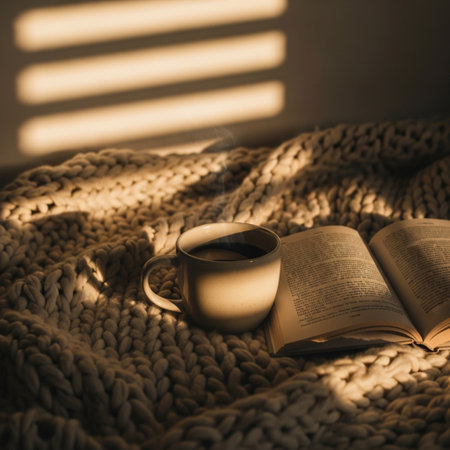 Cup of coffee and book on warm knitted blanket. Cozy home.の素材