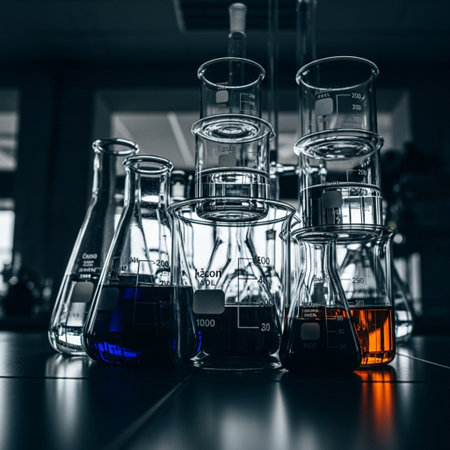 Laboratory glassware with blue and red liquid, science research conceptの素材