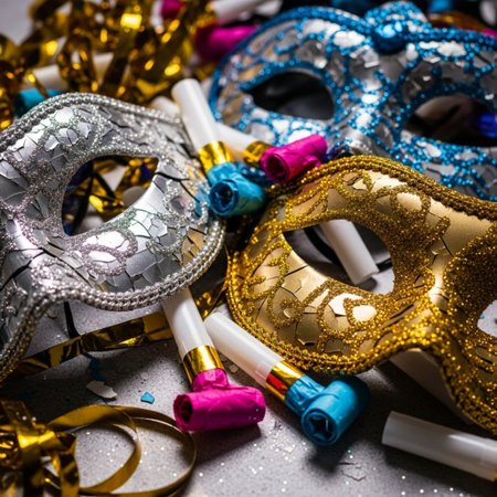 Colorful carnival masks and confetti on a grey background.の素材