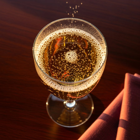 Glass of champagne on a wooden table. Close-up view.の素材