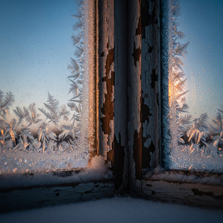 Frosty patterns on the window glass at sunset. Beautiful winter backgroundの素材
