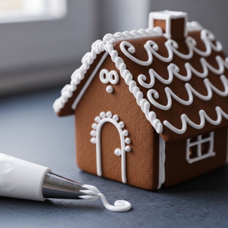 Gingerbread house with icing sugar on grey table, closeupの素材