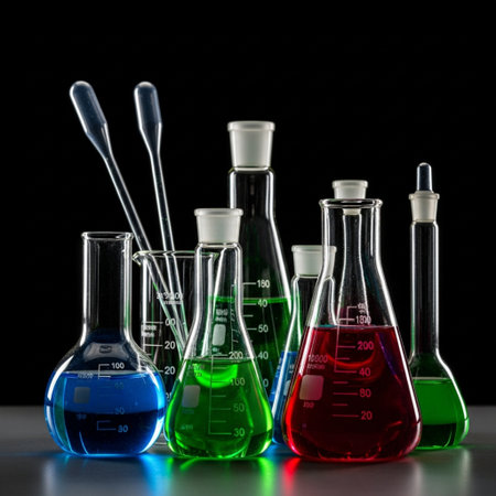 Laboratory glassware with colorful liquids on black background, science research conceptの素材