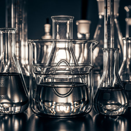 Laboratory glassware on a dark background. Science laboratory research and development concept.の素材