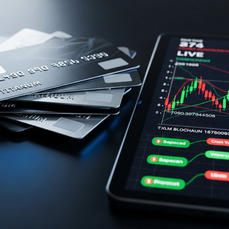 Tablet and credit cards on a dark background. 3d renderingの素材