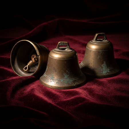 Old brass bells on a red velvet background. Selective focus. Toned.の素材