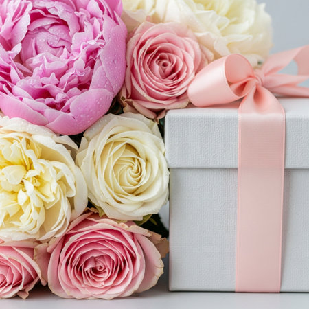Bouquet of pink and white roses with gift box on white backgroundの素材