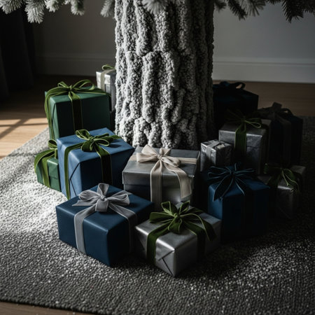 Christmas presents under the Christmas tree in a room with a fireplace.の素材