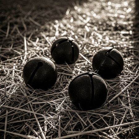 black and white image of a set of wooden bells on the hayの素材