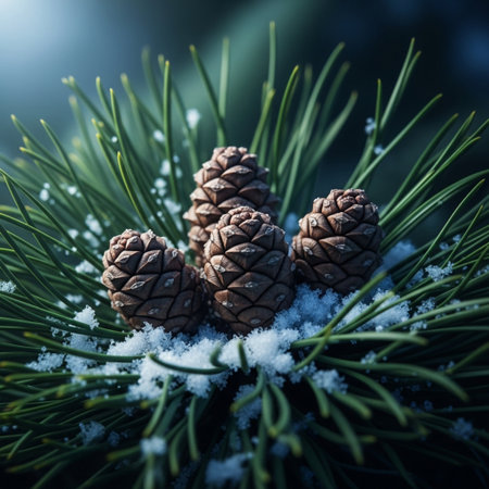 Pine cones in the snow. Christmas and New Year background.の素材