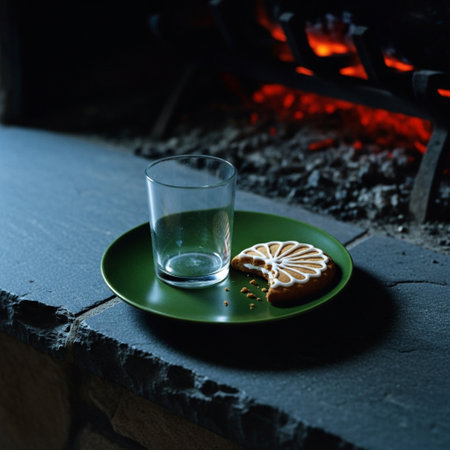 Glass of water and cookies on a green plate in front of the fireplaceの素材