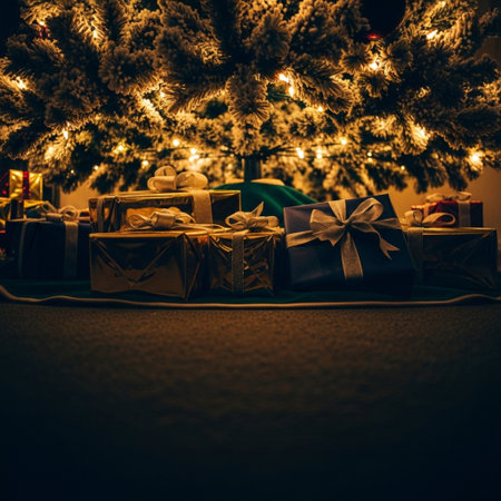 Christmas presents under a Christmas tree. Selective focus. Holiday.の素材