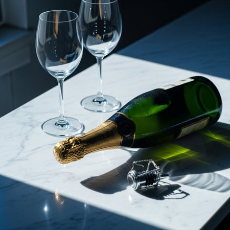 Bottle of champagne and two glasses on a white marble table.の素材